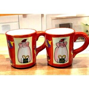 Pair (2) Pink Pigs Coffee Mug Red Green Christmas Ornaments Gift WCL Potteries